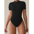 Women's Summer Ribbed Short Sleeve Zip Up Bodysuit, Slim Fit Jumpsuit, Layering Top & Outerwear