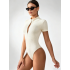 Women's Summer Ribbed Short Sleeve Zip Up Bodysuit, Slim Fit Jumpsuit, Layering Top & Outerwear